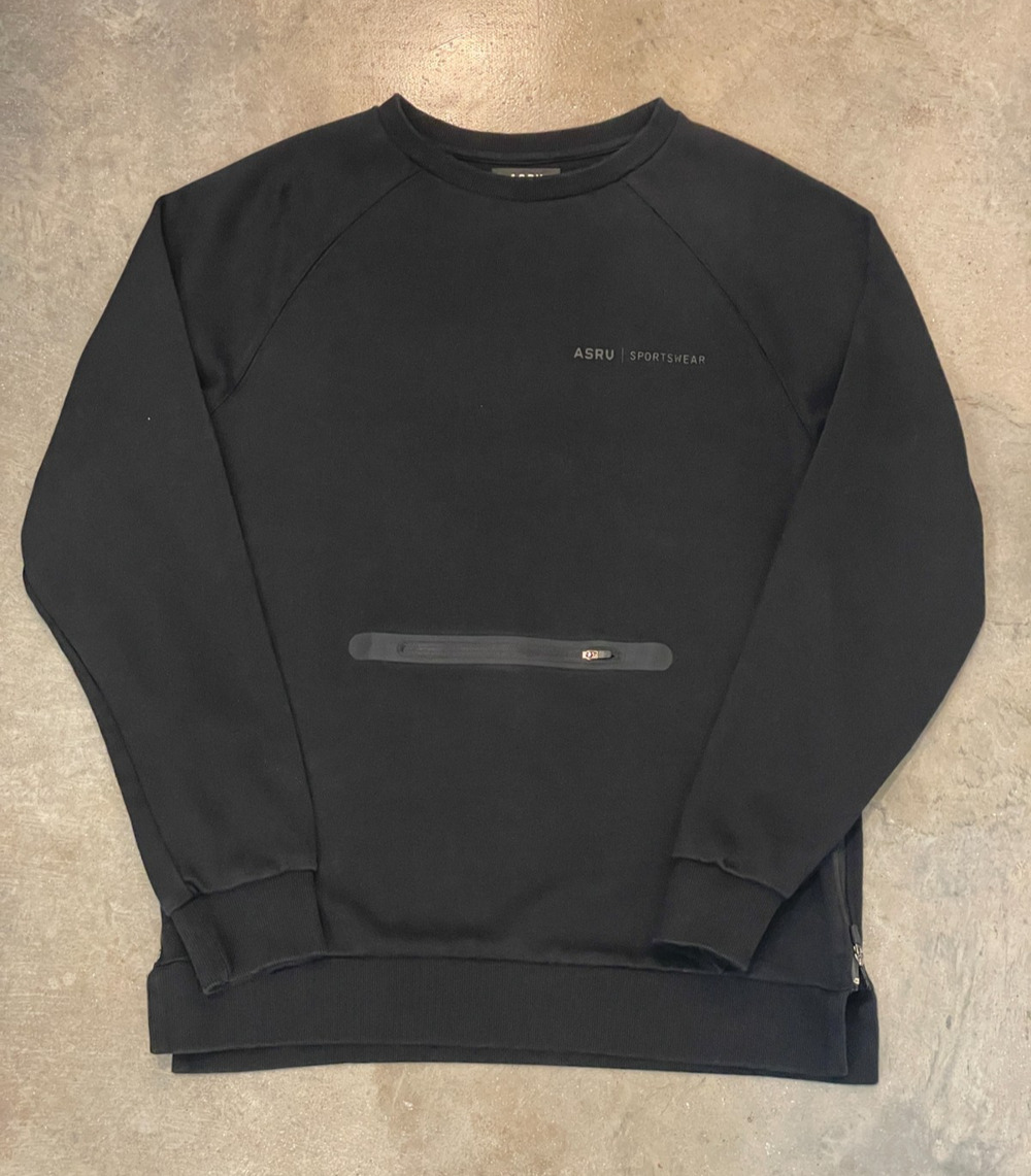 ASRV Technical Sweatshirt Mens L Black French Terry Crewneck Zip Pouch Hem Zip